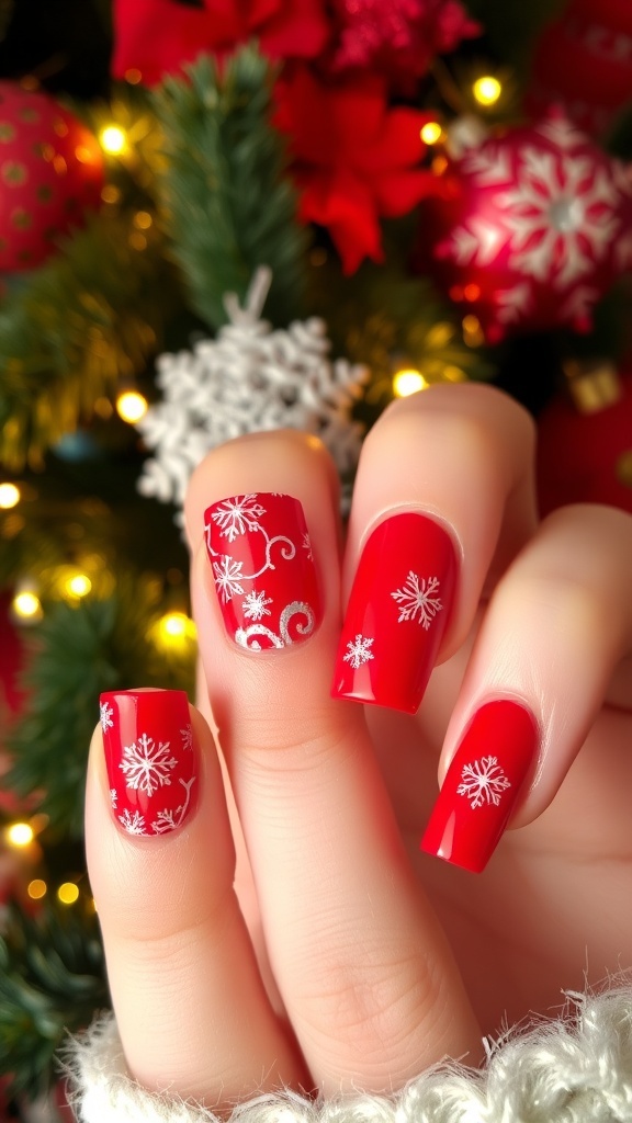 Close-up of red Christmas nail art with snowflakes and glitter against a festive background.